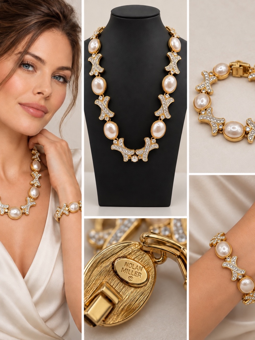 Vintage Nolan Miller Faux Pearl & Crystal Necklace Bracelet Set Gold Tone Signed